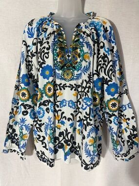 Soft Surroundings White Tunic, Blue, Teal, Black & Gold Floral Embroidery Sz 1X